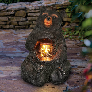 Solar Bear Garden Statue Holding A Glass Jar with Eight LED Firefly String Lights, 8.5 x 10.5 Inch | Exhart