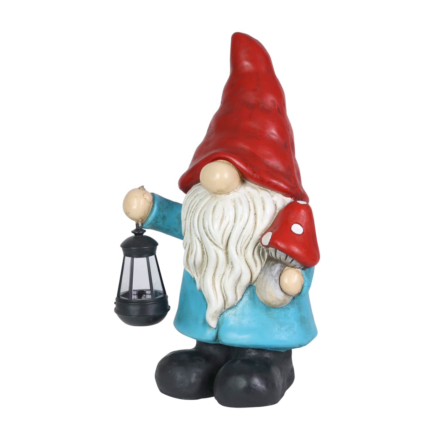 Garden Gnome With Solar Lantern and Mushroom Statuary