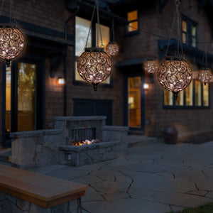Solar Round Glass and Metal Hanging Lantern in Amber with 15 Cool White LED Firefly String Lights, 7 by 21 Inches | Exhart
