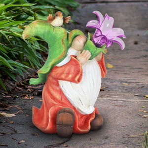 Solar Garden Gnome with LED Lily Statuary, 10 Inch | Shop Garden Decor by Exhart
