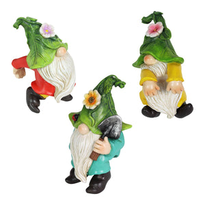 Three Piece Hand Painted Leaf Hat Pot Percher Gnome Set, 3.5 by 4.5 | Shop Garden Decor by Exhart
