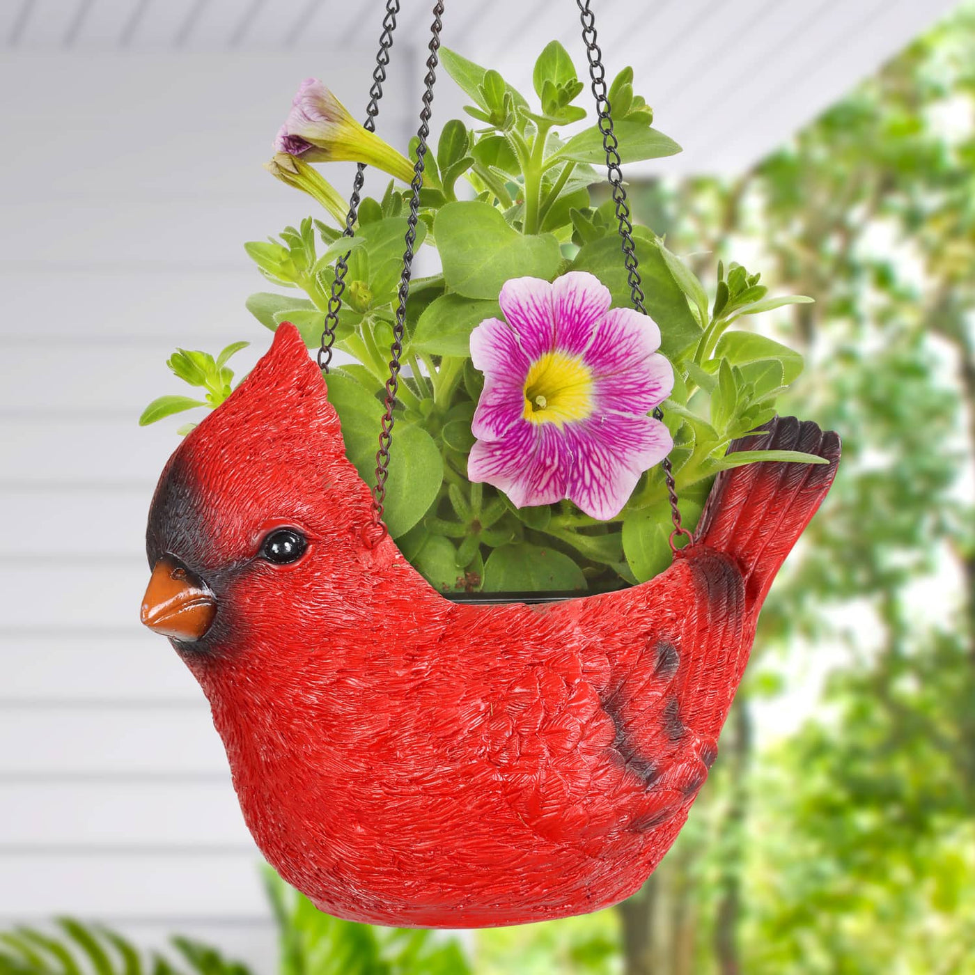 colorful bird hanging planter Hand Painted Red Cardinal Resin Hanging Basket Planter, 9 Inches