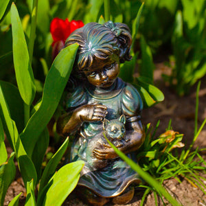 Bronze Look Girl and Kitten Garden Statue, 10.5 Inches | Shop Garden Decor by Exhart