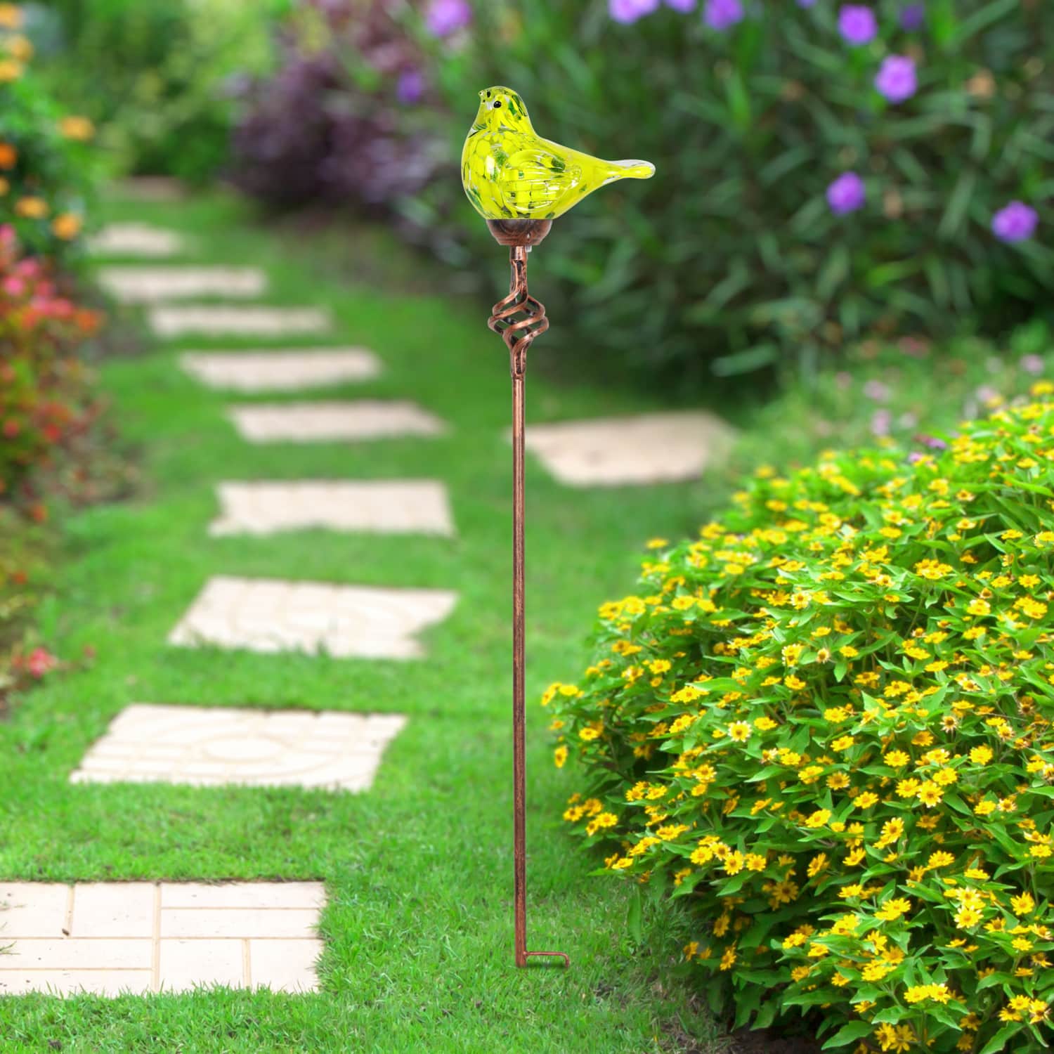 Solar Hand Blown Glass Bird Garden Stake in Yellow, 6 by 31 Inches | Shop Garden Decor by Exhart