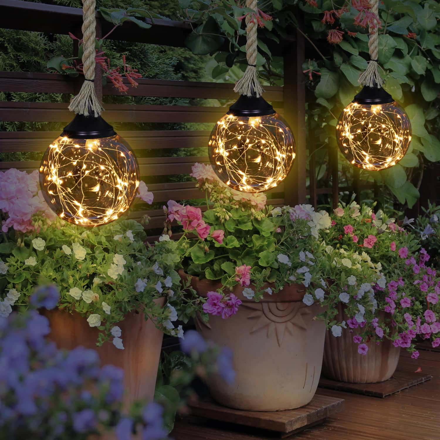 Hanging Golden Glass LED Balls with Timer, Set of Three