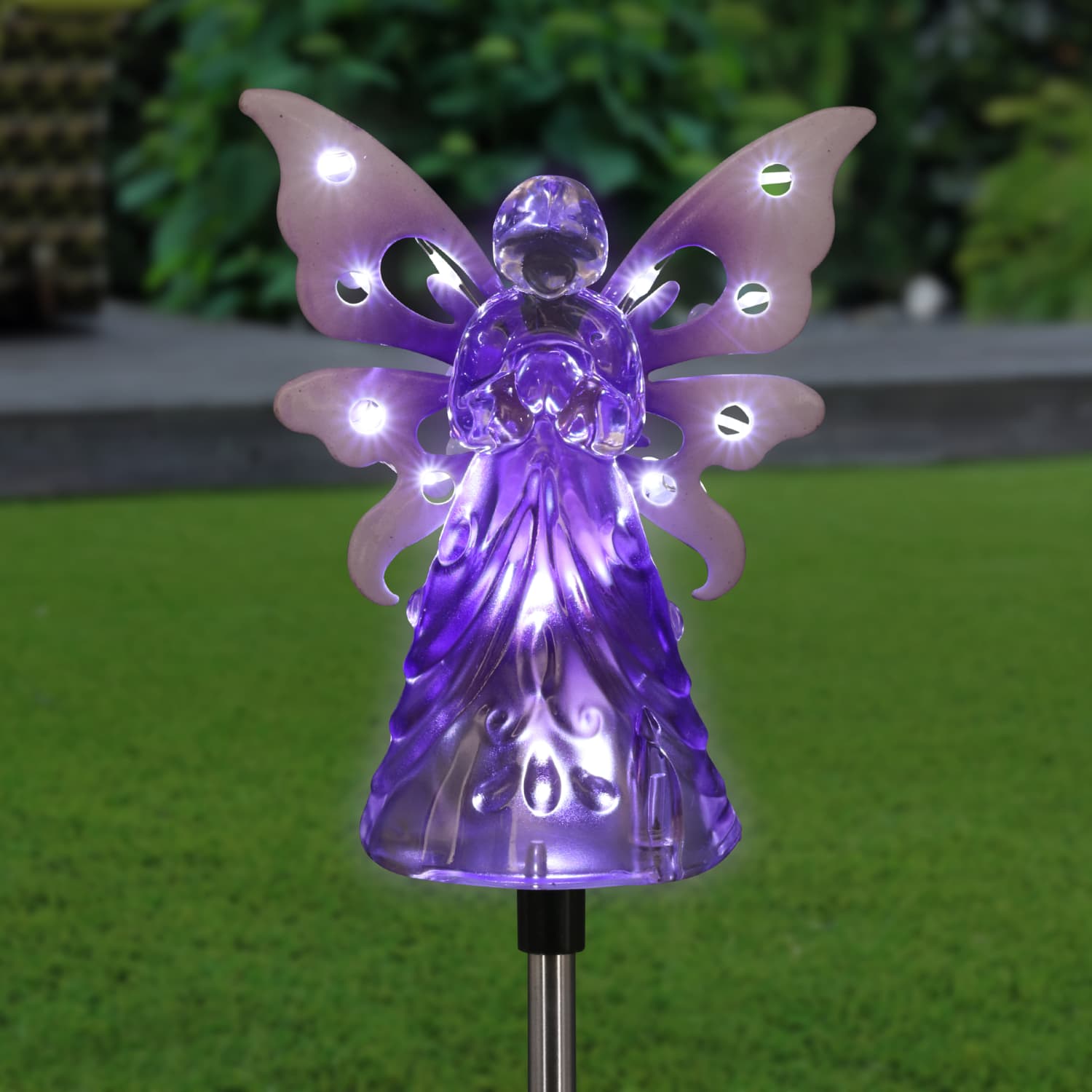 Solar Acrylic Angel with Wings and Twelve LED lights Metal Garden Stake in Purple, 4 by 34 Inches | Exhart