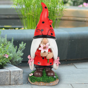 Solar Ladybug Hat Lady Gnome Statue with Pink Flower, 5 by 12.5 Inches | Shop Garden Decor by Exhart