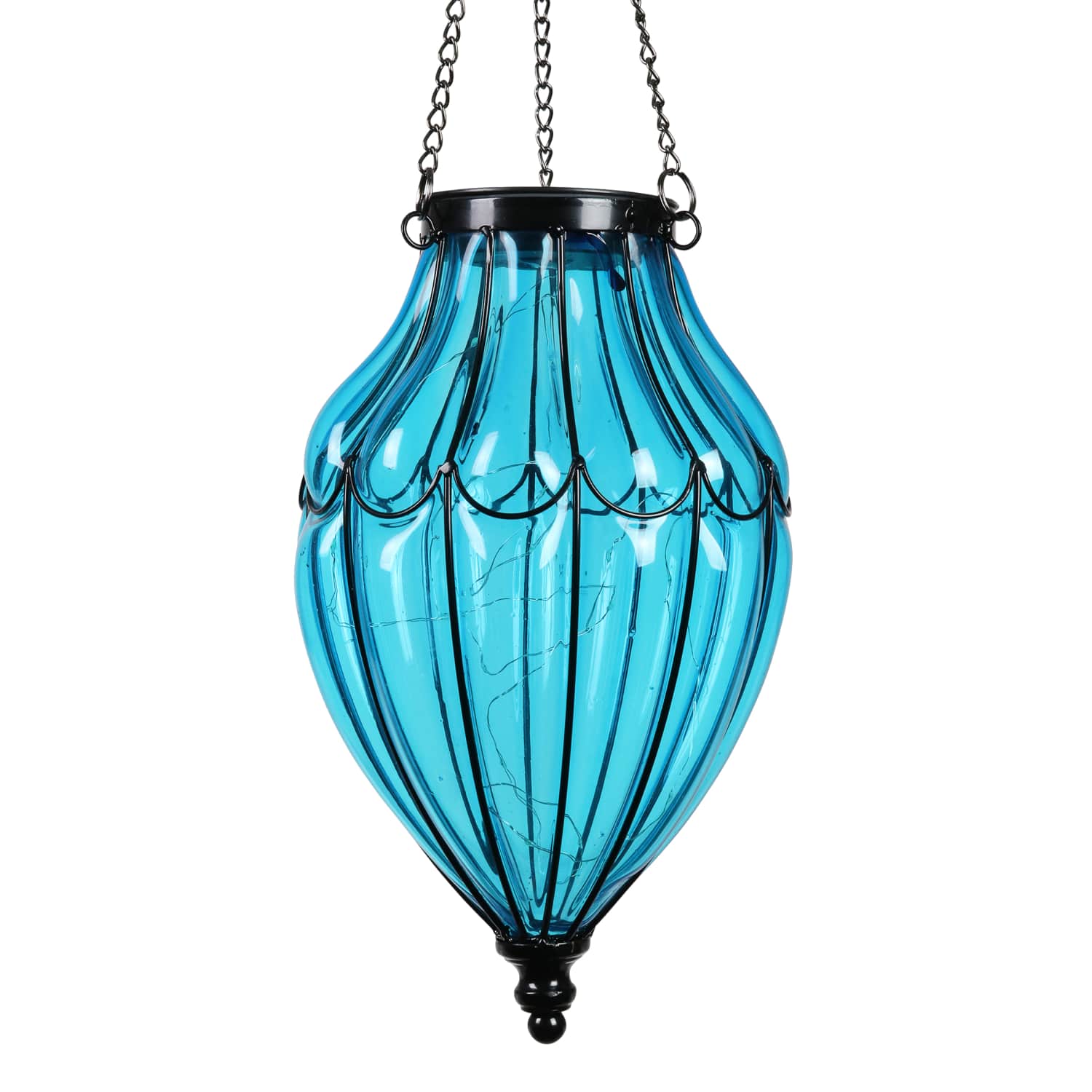 Solar Blue Glass Hanging Lantern with Waving Metal Pattern