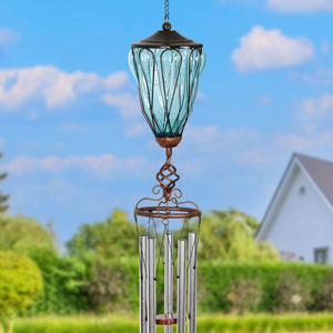 Solar Metal Wire and Glass Wind Chime in Sea Blue with Looping Pattern and Nine LED Fairy Firefly String Lights, 6  by 32 Inches | Exhart