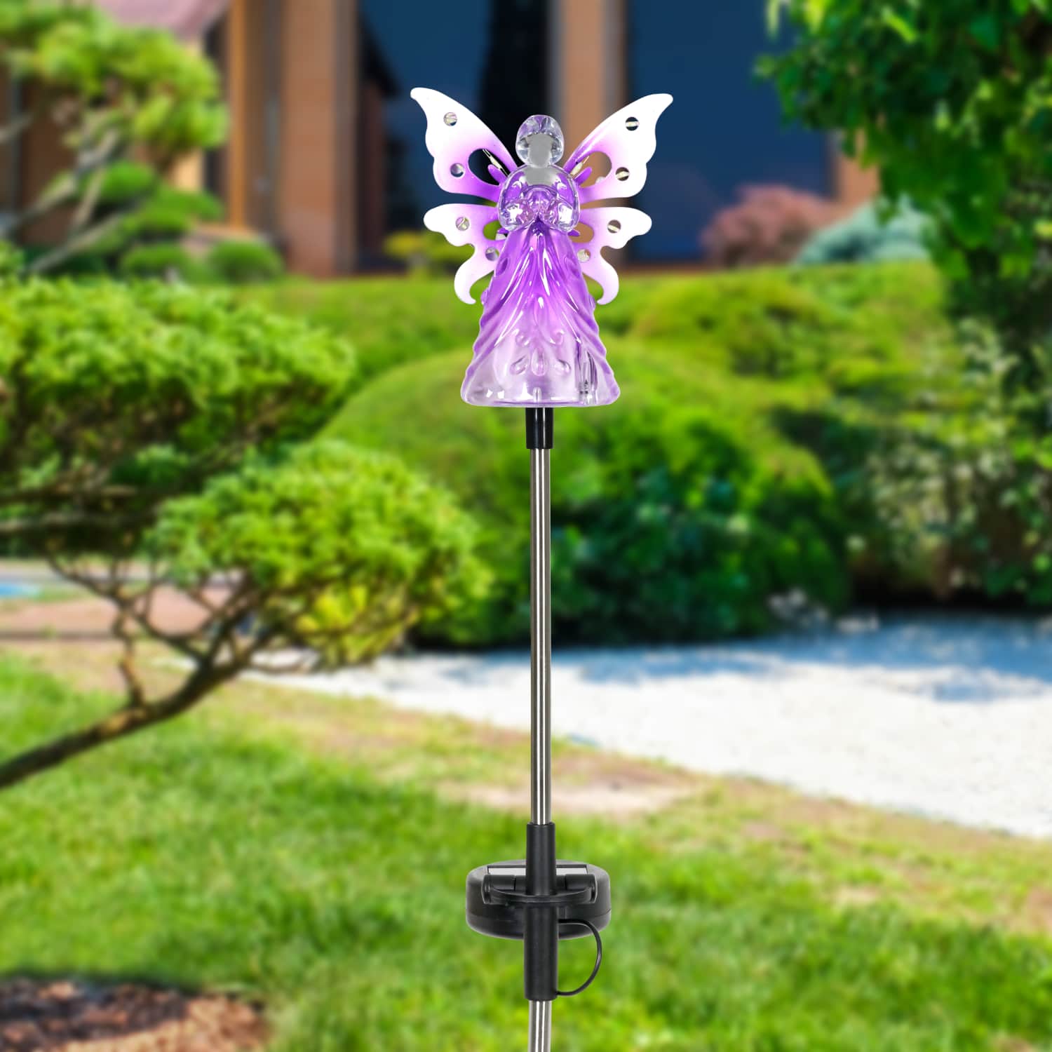 Solar Acrylic Angel with Wings and Twelve LED lights Metal Garden Stake in Purple, 4 by 34 Inches | Exhart