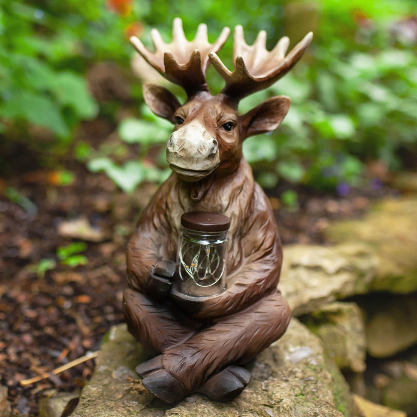 Solar Moose Garden Statue Holding a Glass Jar with Eight LED Firefly ...