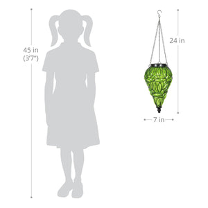 Solar Tear Shaped Glass and Metal Hanging Lantern in Green with 15 Cool White LED Fairy Firefly String Lights, 7 by 24 Inches | Exhart