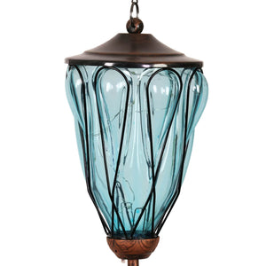 Solar Metal Wire and Glass Wind Chime in Sea Blue with Looping Pattern and Nine LED Fairy Firefly String Lights, 6  by 32 Inches | Exhart