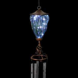 Solar Metal Wire and Glass Wind Chime in Sea Blue with Looping Pattern and Nine LED Fairy Firefly String Lights, 6  by 32 Inches | Exhart