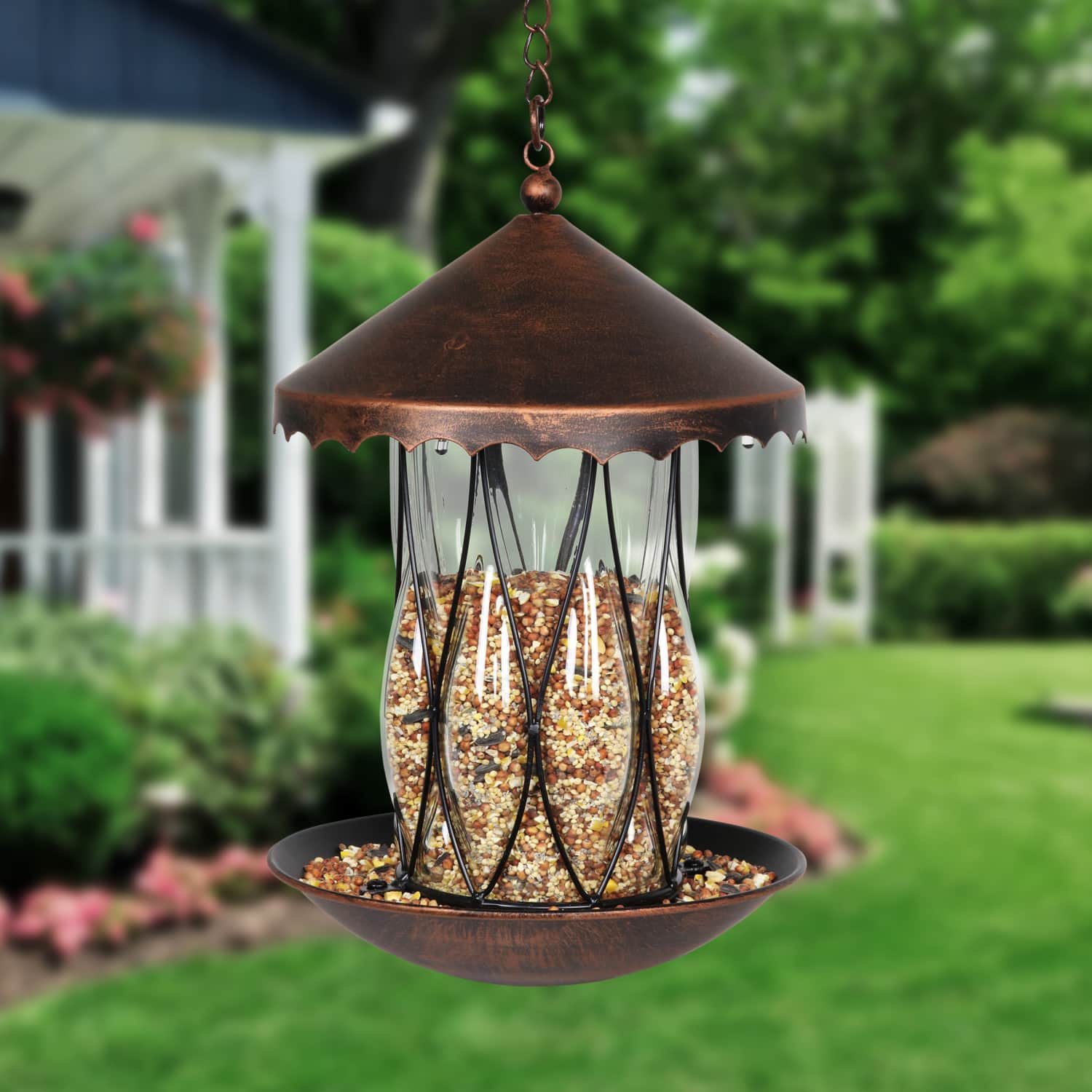 Solar Bronze Bird Feeder in Clear Diamond Glass Pattern with Four LED Lights - Thumbnail 5