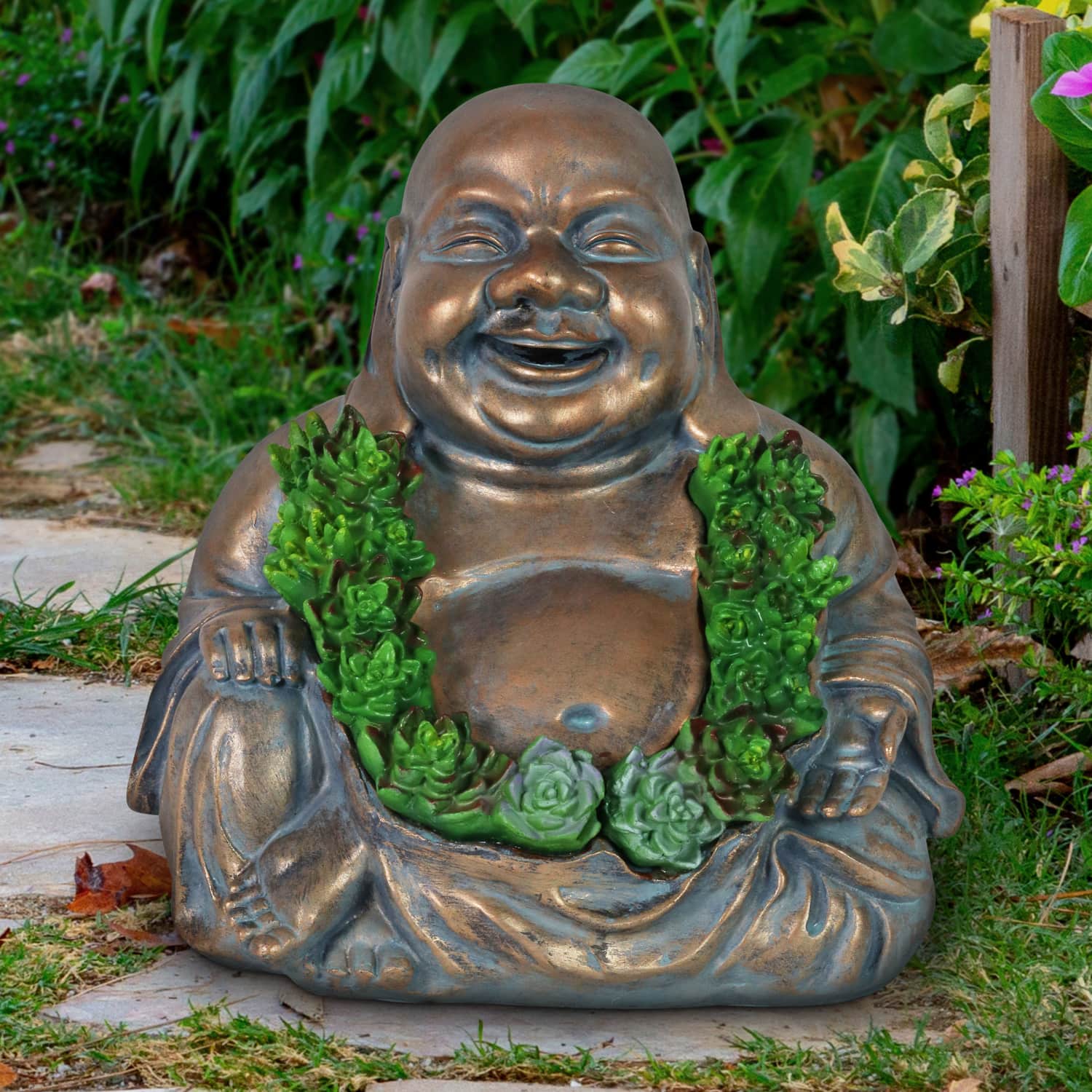 Solar Happy Buddha Garden Statue With Succulents, 10 Inch - Thumbnail 5