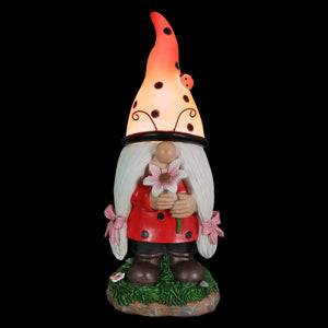 Solar Ladybug Hat Lady Gnome Statue with Pink Flower, 5 by 12.5 Inches | Shop Garden Decor by Exhart