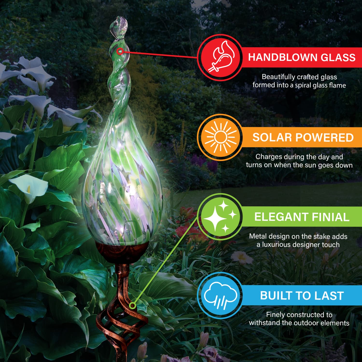 Solar Pearlized Hand Blown Green Glass Twisted Flame Garden Stake with Metal Finial Detail, 36 Inch | Exhart