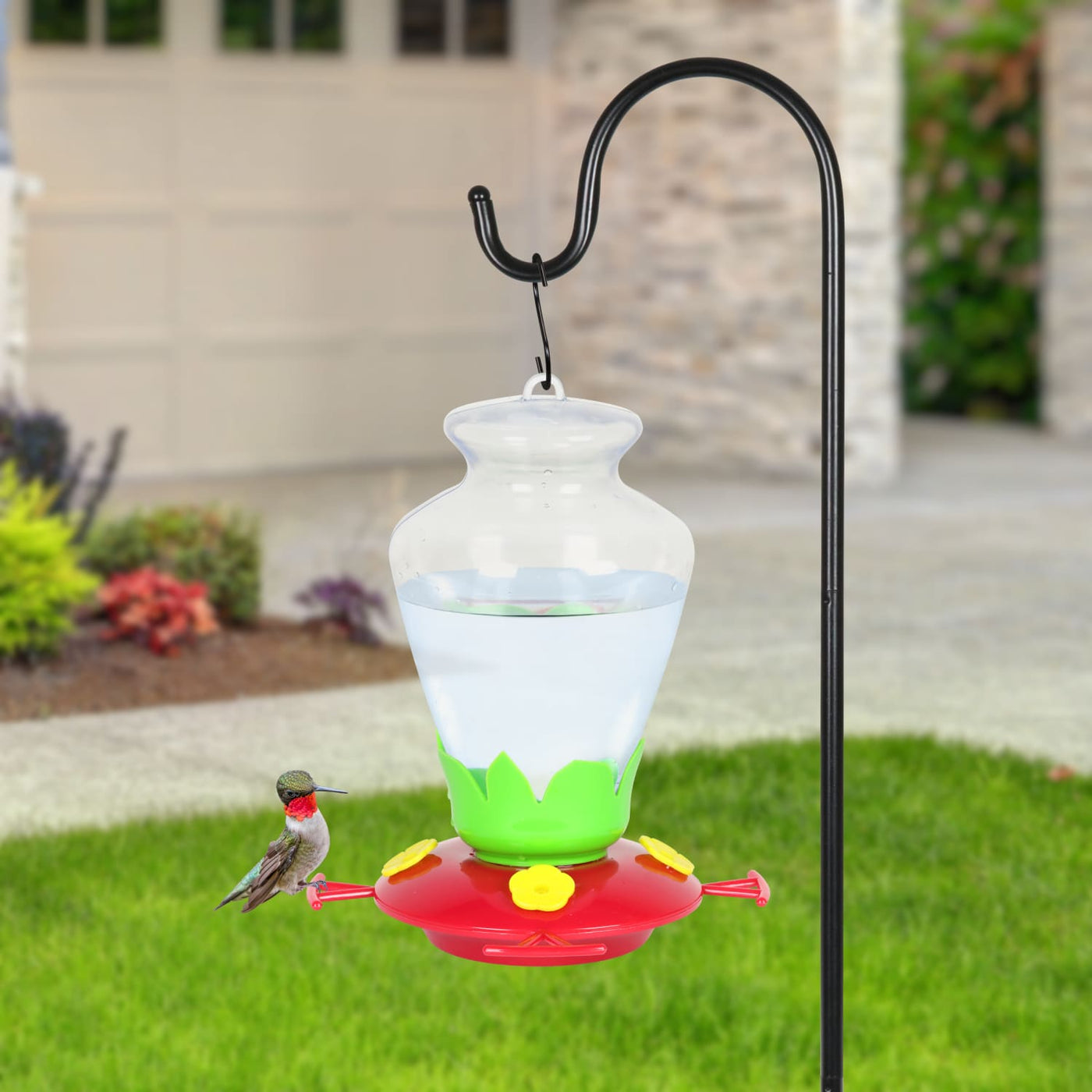 hanging plants for birds Hanging Hummingbird Feeder, Green Grass Detail, Classic Red Base with Yellow Flowers, Durable Plastic Design, 7.5 x 7.5 x 9 Inches