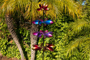 Lotus Flower Wind Spinner Garden Stake with Four Metallic Flowers, 17 by 76 Inches | Shop Garden Decor by Exhart