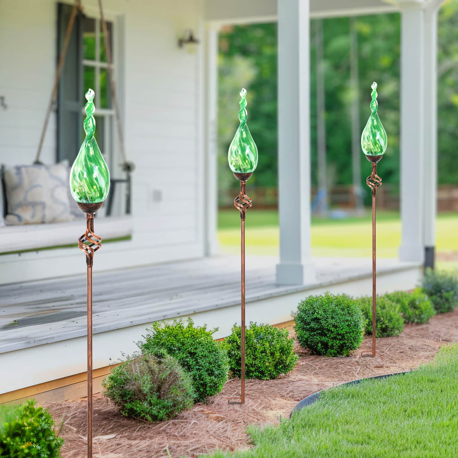 Solar Pearlized Hand Blown Green Glass Twisted Flame Garden Stake with Metal Finial Detail, 36 Inch | Exhart