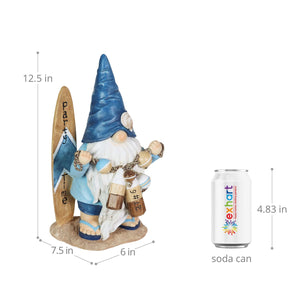 Solar Surfer Beach Hand Painted Garden Gnome Statue with Party Time Surf Board, 7.5 by 12.5 Inches | Exhart
