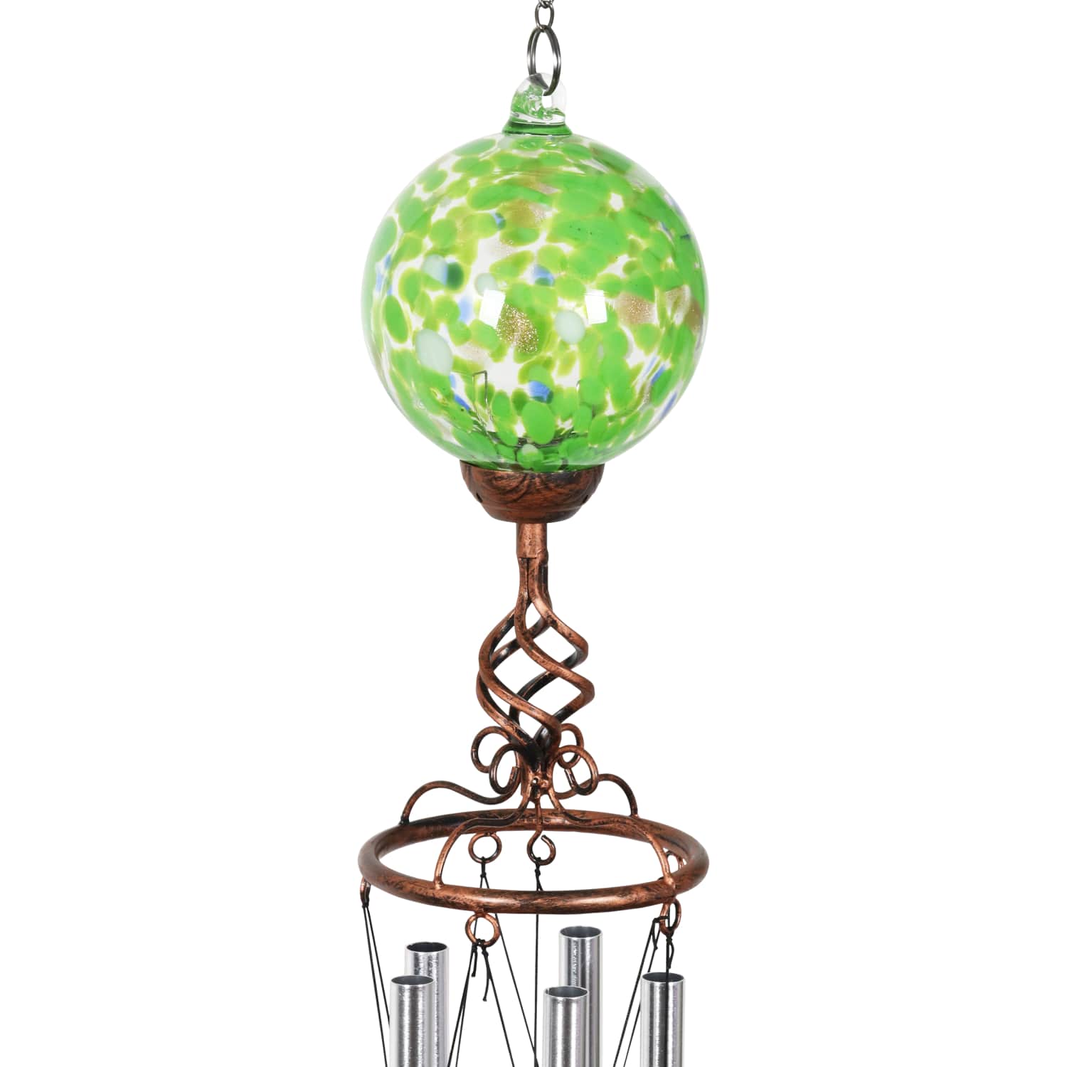 Solar Green Glass Ball Wind Chime with Metal Finial - Thumbnail 4