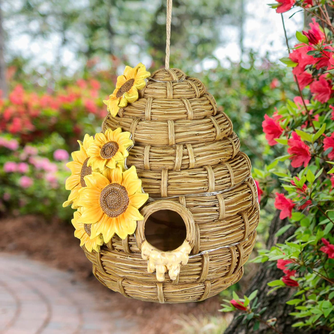 hanging beehive planter Solar Sunflower Hand Painted Bee Hive Hanging Bird House, 7 by 8 Inches