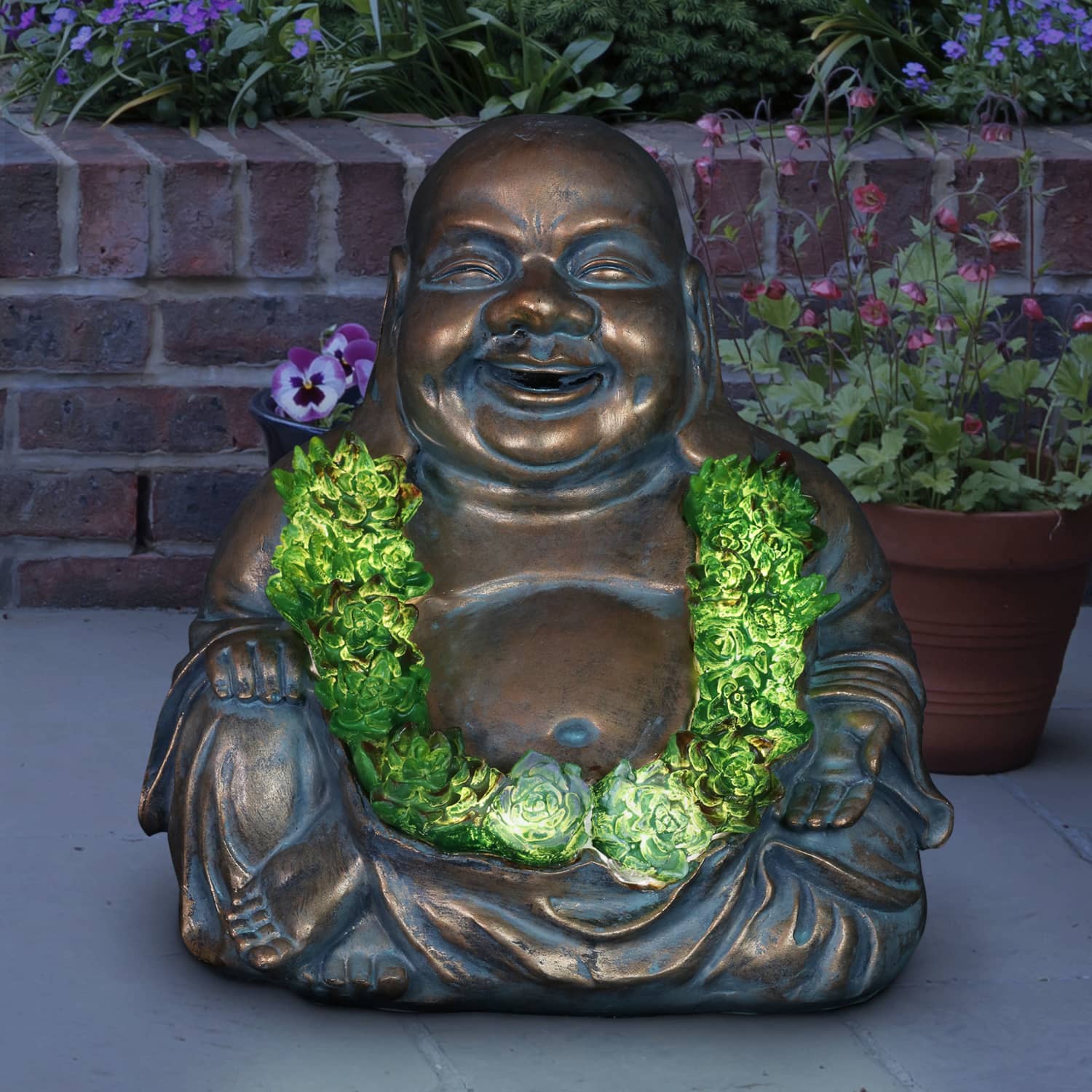Solar Happy Buddha Garden Statue With Succulents, 10 Inch - Thumbnail 4