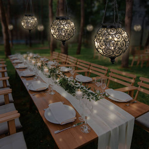 Solar Round Clear Glass and Metal Hanging Lantern with 15 Warm White LED Firefly String Lights, 7 by 21 Inches | Exhart