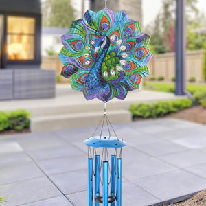 Art-In-Motion Laser Cut Metal Starburst Wind Chime Spinner with Beads and Peacock, 10 Inch Spinner | Exhart