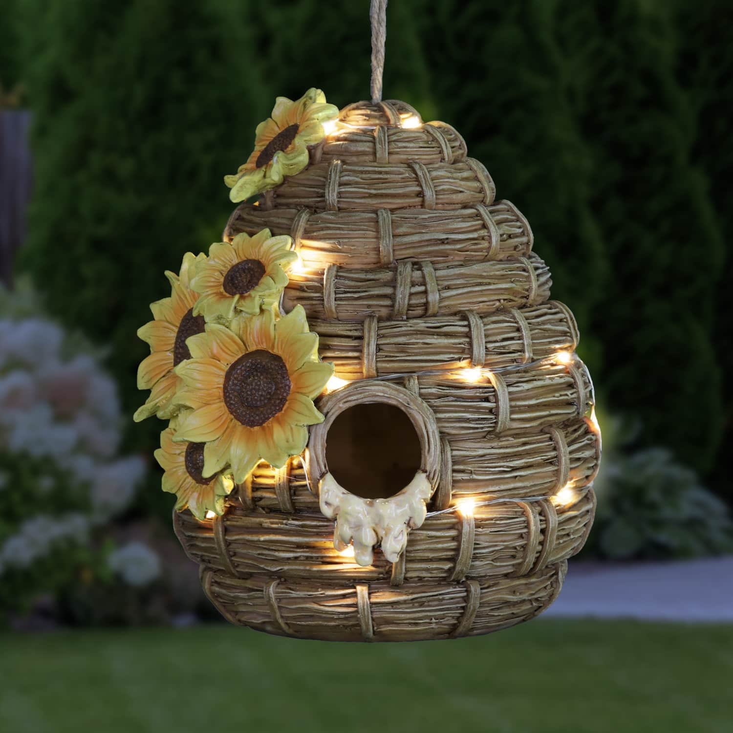 Solar Sunflower Hand Painted Bee Hive Hanging Bird House - Thumbnail 5
