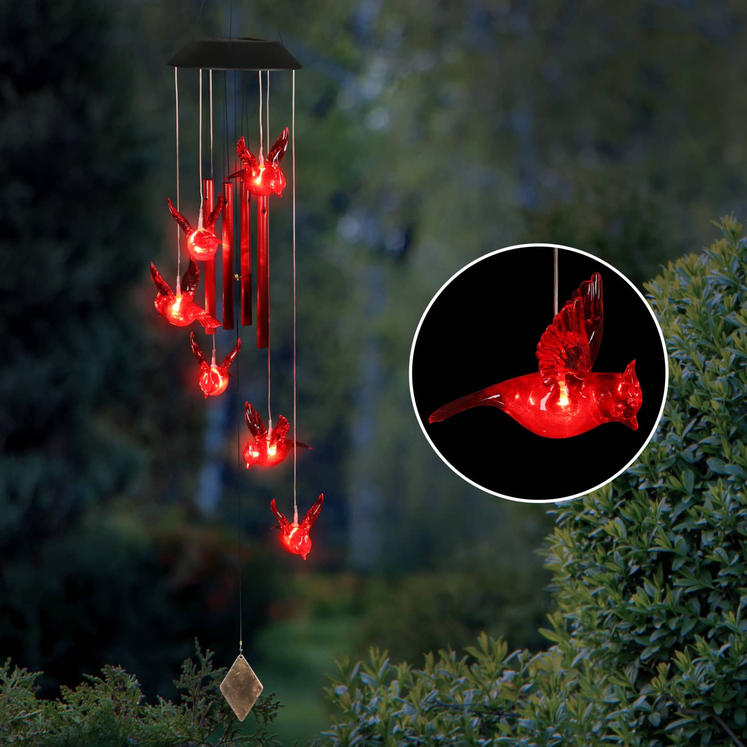 Solar Cascading Red Cardinal Acrylic and Metal Wind Chime with LED lights - Thumbnail 3