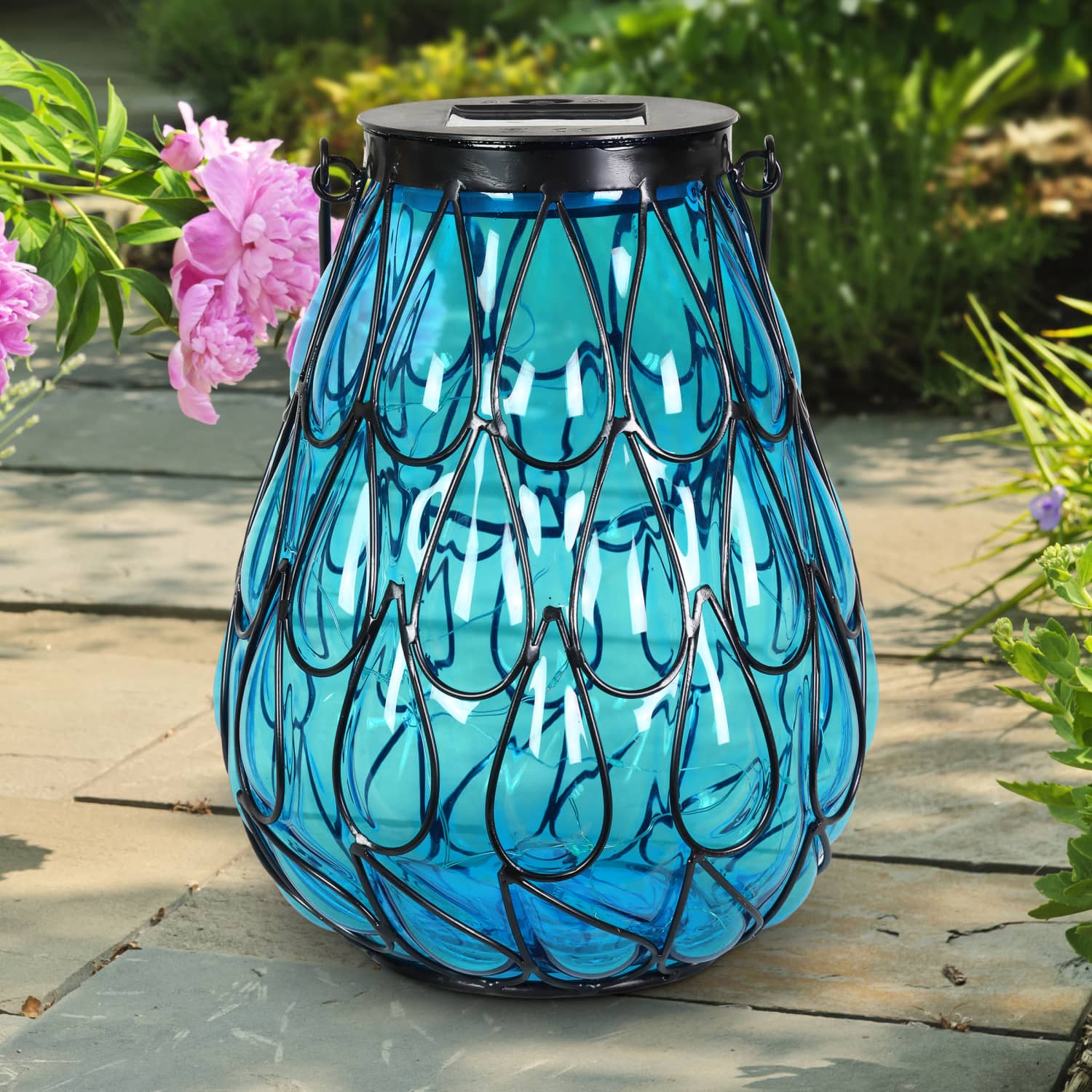 Solar Blue Glass in Caged Metal Tabletop Accent Lantern with 25 Firefly LEDs - Thumbnail 3