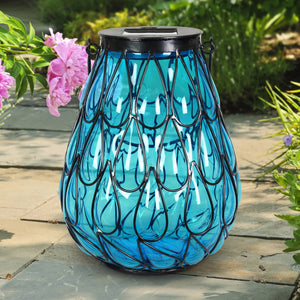 Solar Blue Glass in Caged Metal Tabletop Accent Lantern with 25 Firefly LEDs, 7"x9" | Shop Garden Decor by Exhart