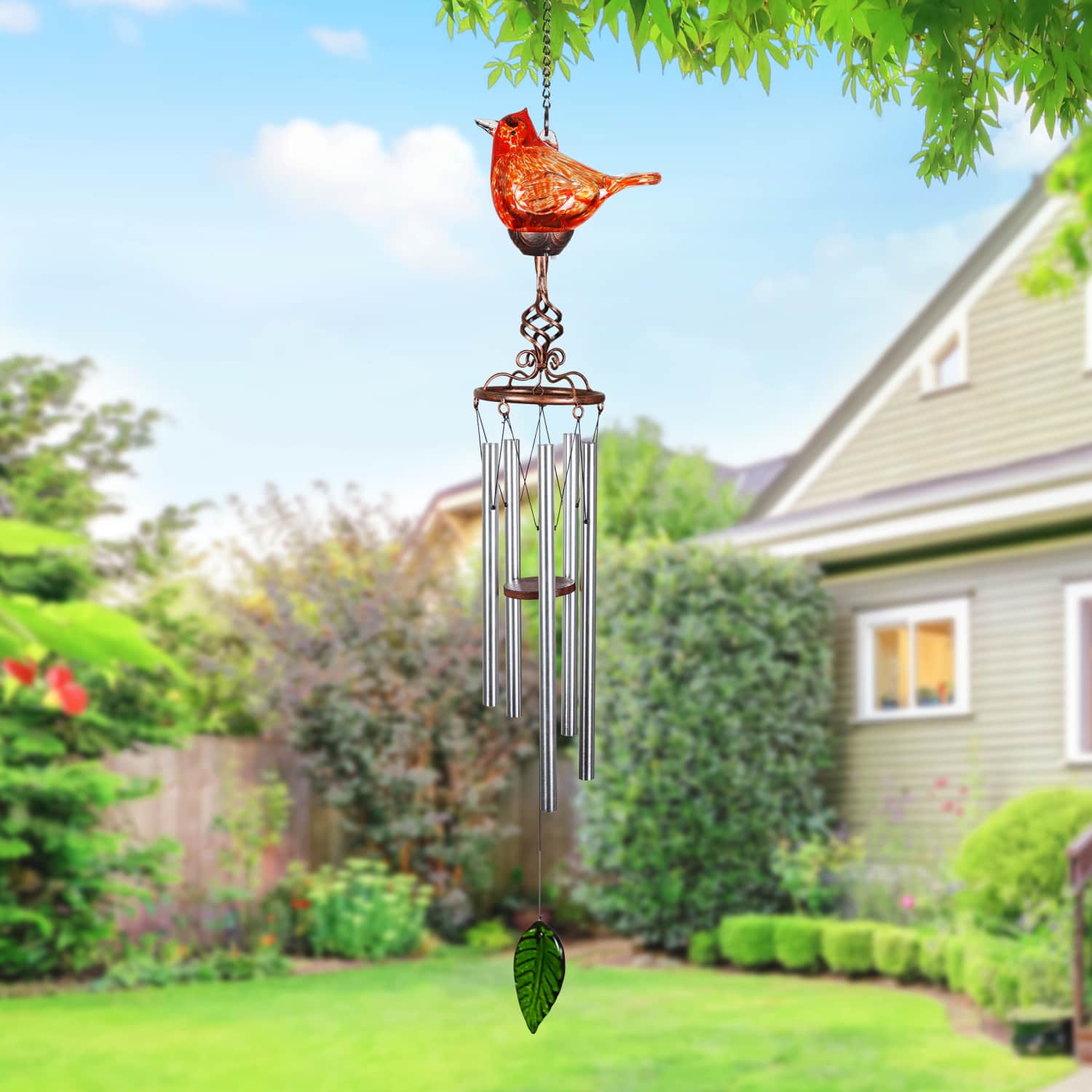 Solar Glass Red Cardinal with Metal Finial Wind Chime - Thumbnail 4