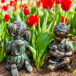 Bronze Look Boy and Puppy Statue, 10.5 Inches | Shop Garden Decor by Exhart