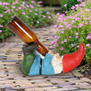 Good Time Beer Bottle Holder Gnome Statue with LED Hat on a Battery Powered Timer, 10.5 by 5 Inches | Exhart