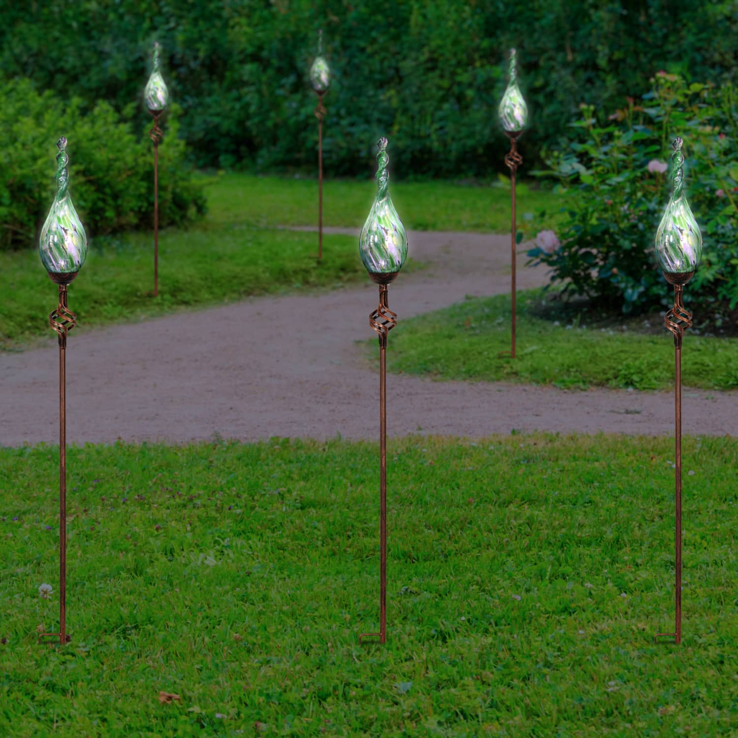 Solar Pearlized Hand Blown Green Glass Twisted Flame Garden Stake with Metal Finial Detail, 36 Inch | Exhart