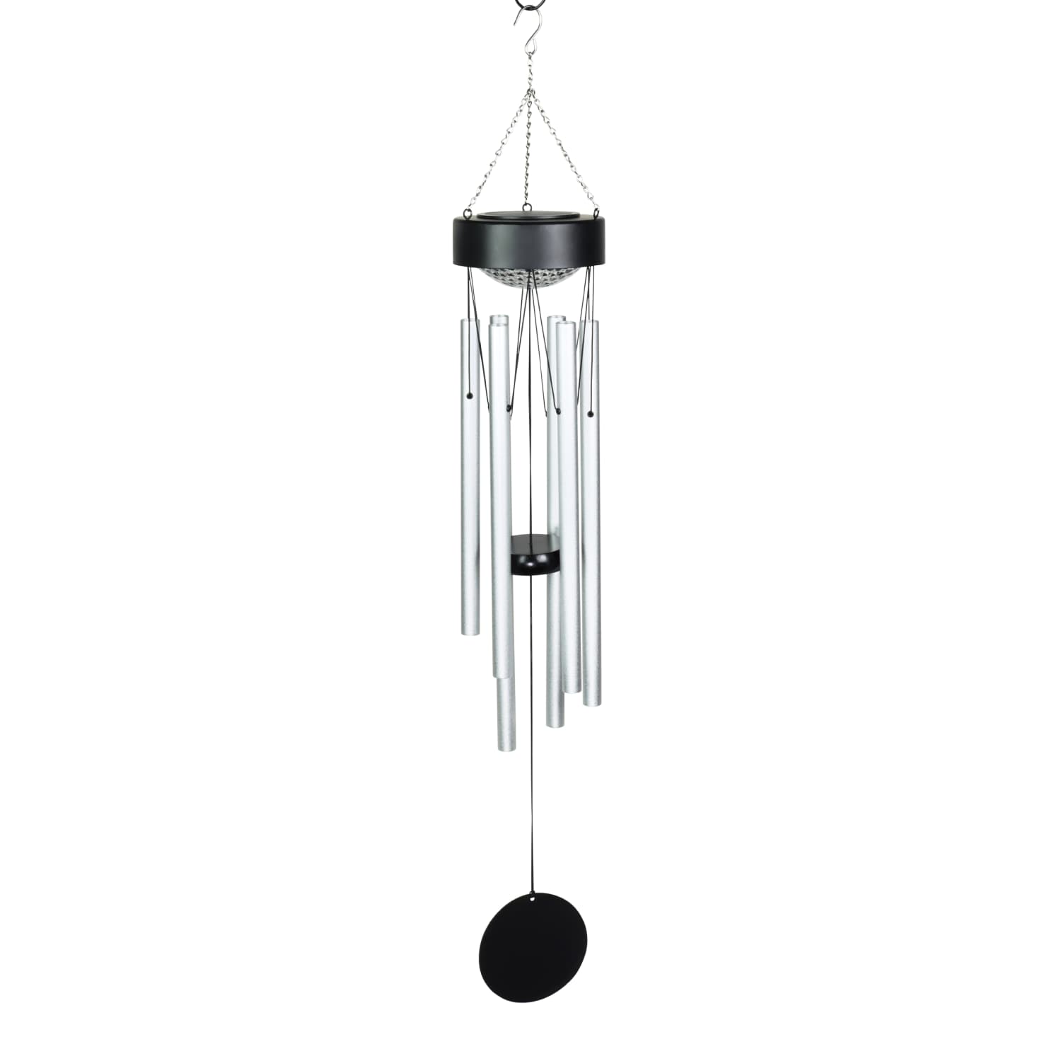 Solar Silver Wind Chime with Black Detailed Top and Round Dangling Charm - Thumbnail 5