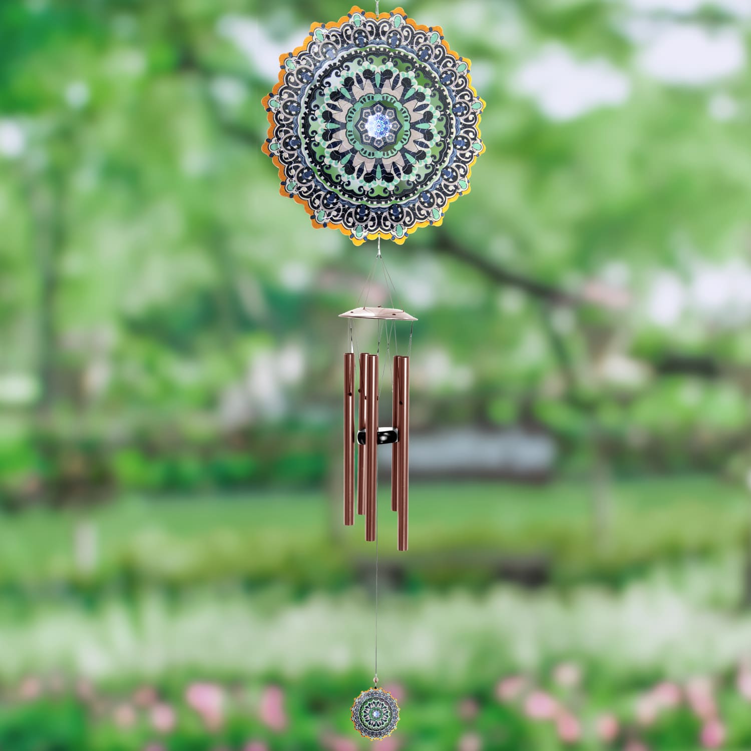Art-In-Motion Laser Cut Metal Starburst Wind Chime Spinner with Beads and Blue Accents - Thumbnail 5