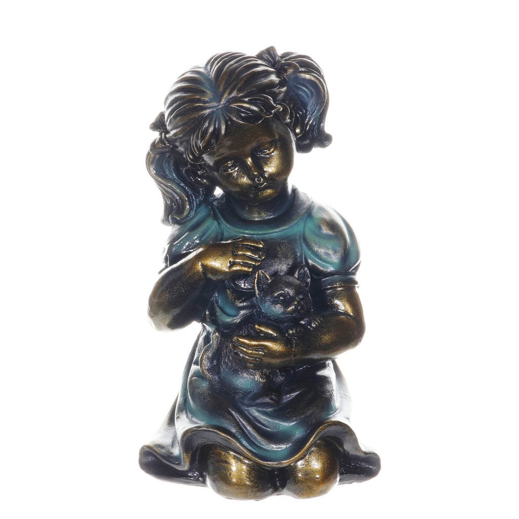 Bronze Look Girl and Kitten Garden Statue, 10.5 Inches