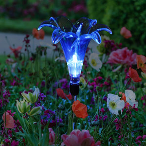 Solar Plastic Lily Garden Stake in Blue, 4 by 35 Inches | Shop Garden Decor by Exhart