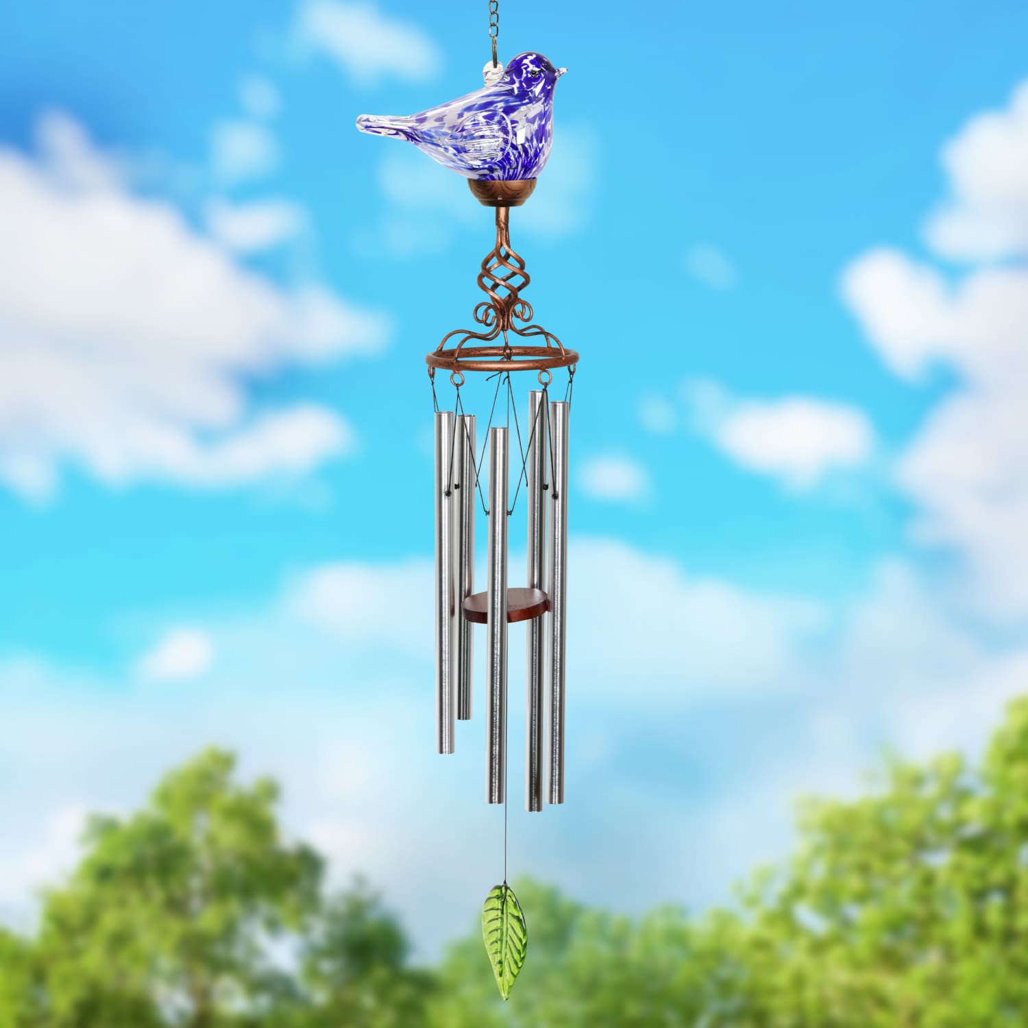 Solar Hand Blown Pearlized Glass Bird Wind Chime in Blue - Thumbnail 5