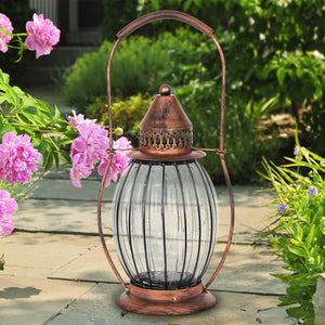 Solar Antique Metal and Clear Glass Accent Lantern with Fifteen LED Fairy Firefly String Lights, 7 by 14 Inches | Exhart