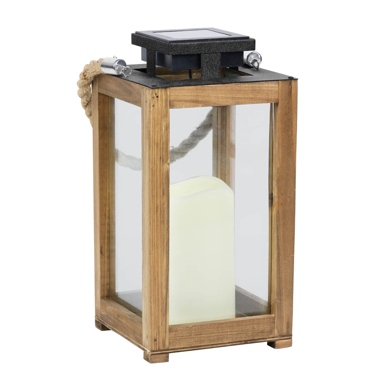 Solar Wood and Glass Lantern w/LED Candle - Thumbnail 2