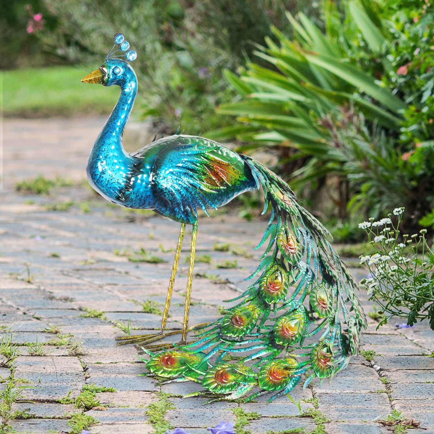 Hand Painted Majestic Metal Standing Peacock Garden Statue - Thumbnail 2