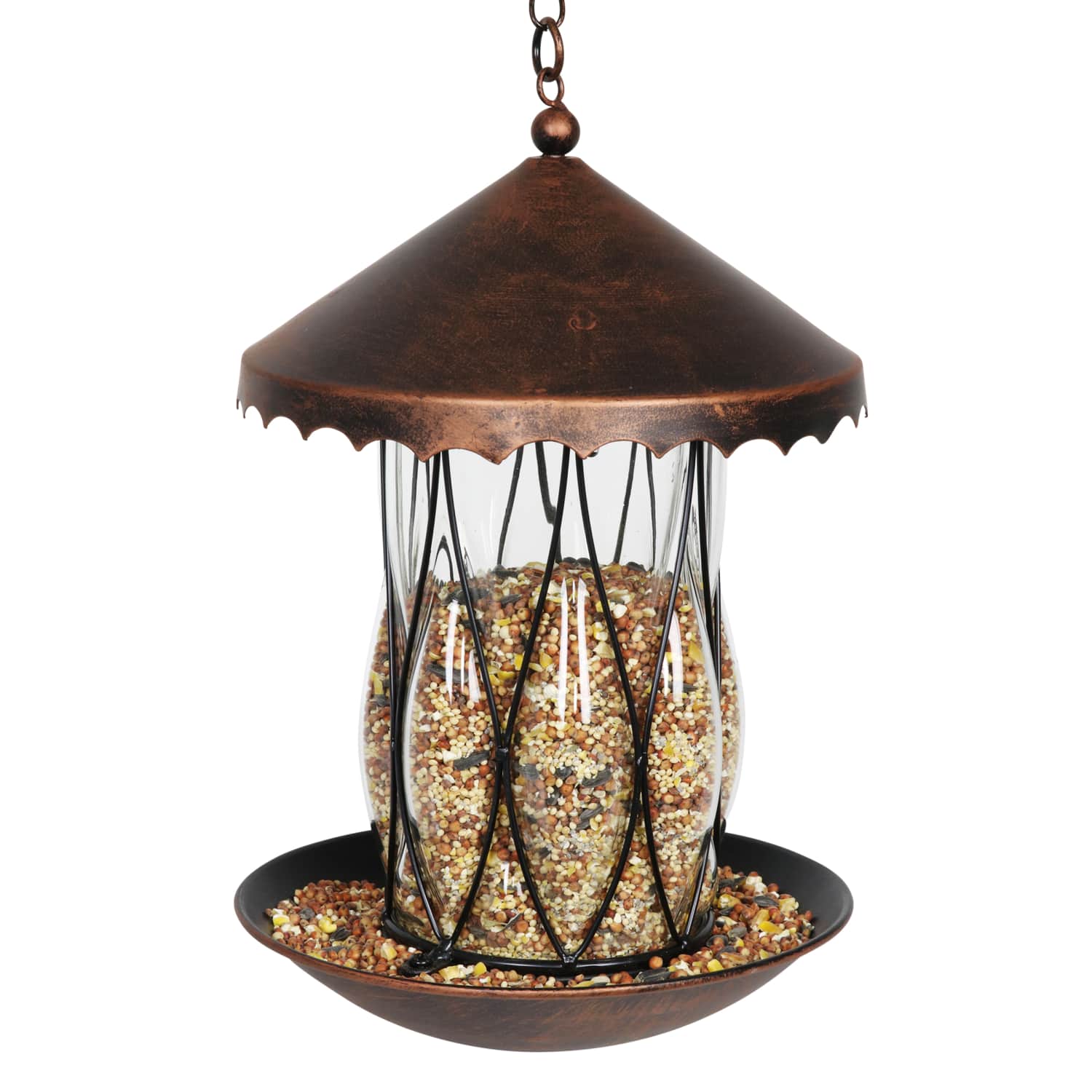 Solar Bronze Bird Feeder in Clear Diamond Glass Pattern with Four LED Lights - Thumbnail 2