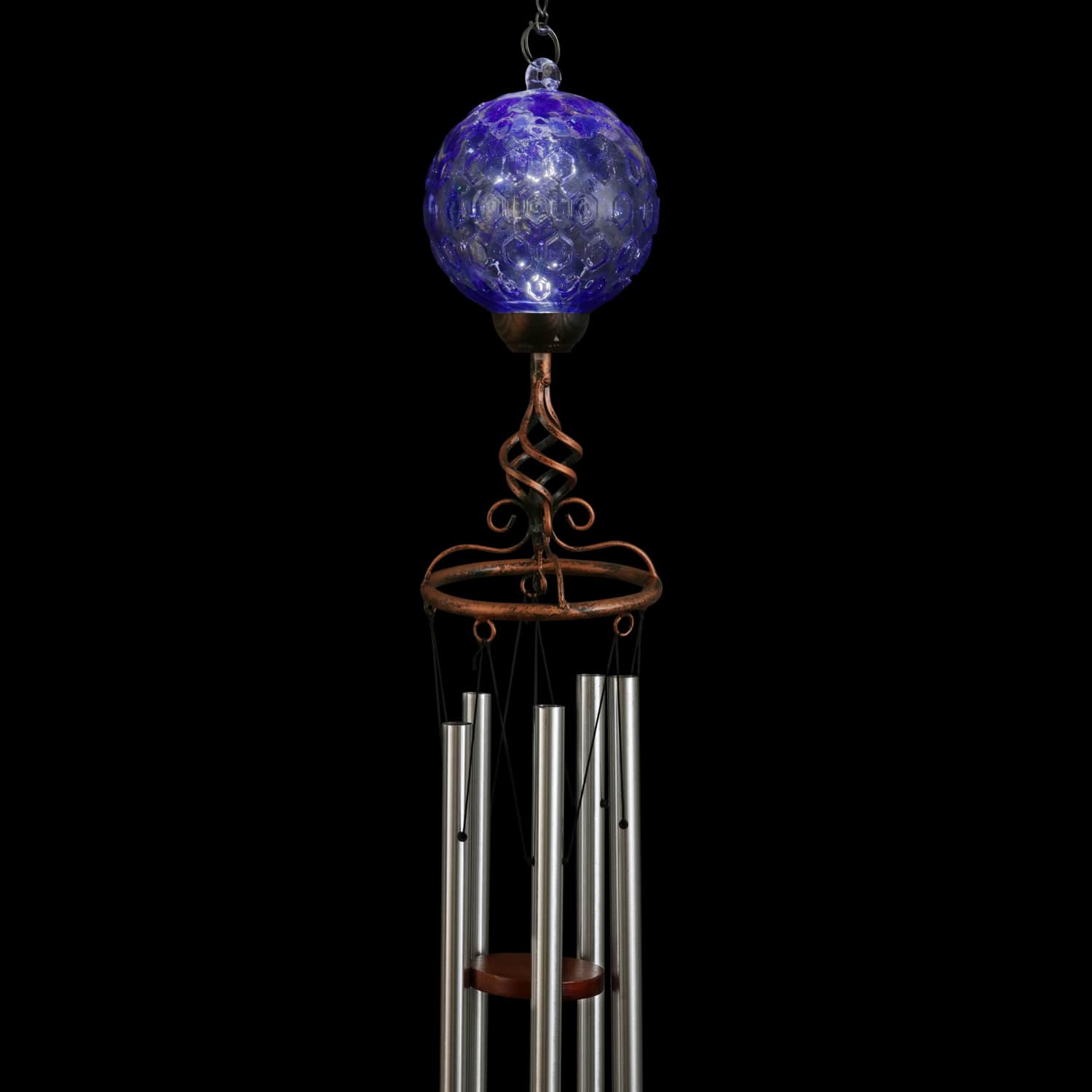 Solar Pearlized Blue Honeycomb Glass Ball Wind Chime with Metal Finial Detail - Thumbnail 3