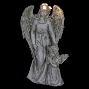 Angel and Little Girl Angel Resin Garden Statue with LED Halo on a Battery Powered Timer, 8 by 14 Inches | Exhart